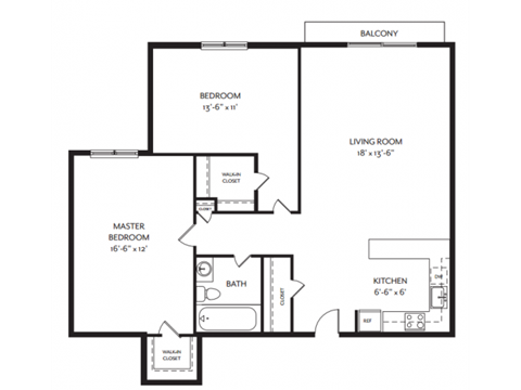 Floor plan for 2 beds, 1 bath, 800 sqft